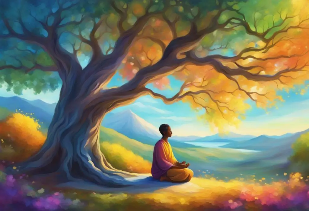 A serene figure meditates under a tree, surrounded by swirling energy and vibrant colors, symbolizing the spiritual connection in art