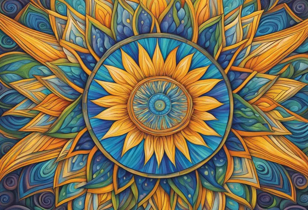 A radiant sunburst illuminates a vibrant canvas, symbolizing the evolution of consciousness through artistic expression. Spiraling patterns and flowing colors depict a deep spiritual connection to the universe