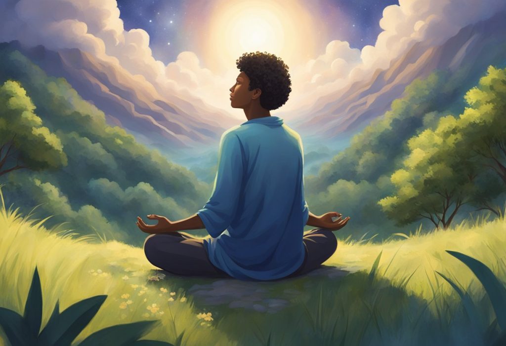 A figure sits cross-legged, surrounded by nature. Their eyes are closed, and their face is serene as they reach out towards the sky, seeking spiritual connection with the universe