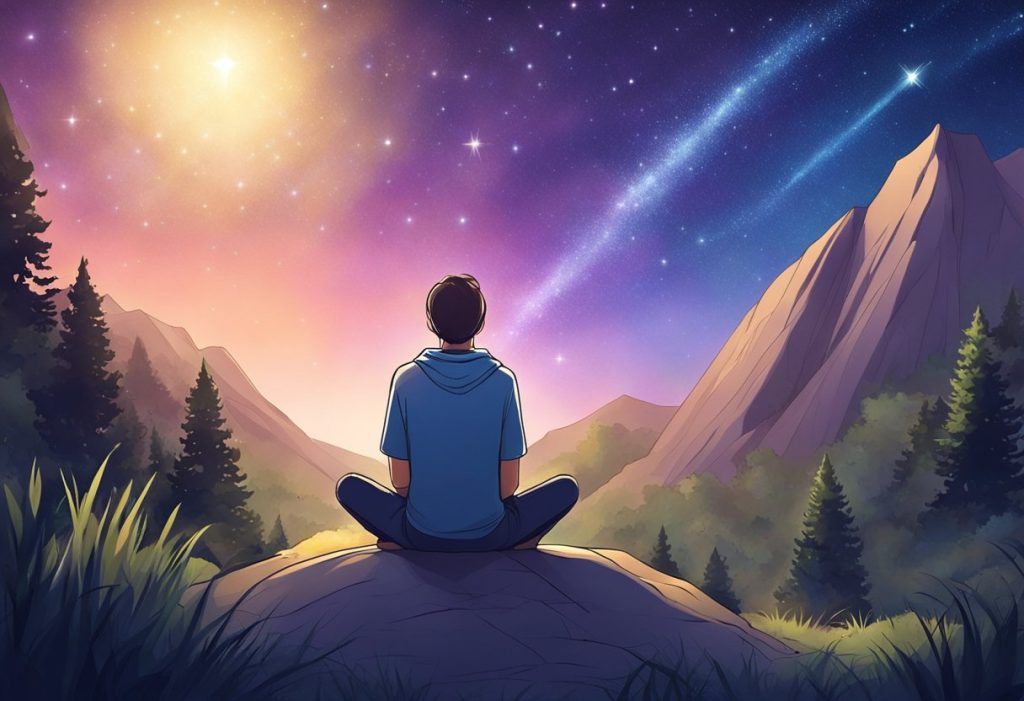 A figure sits cross-legged under a starry sky, surrounded by nature. Their eyes are closed, and a beam of light connects them to the cosmos
