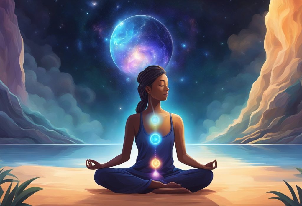 A figure meditates in a serene natural setting, surrounded by elements of earth, air, fire, and water. The figure is in a state of deep connection with the universe, symbolized by beams of light and energy flowing from the surroundings