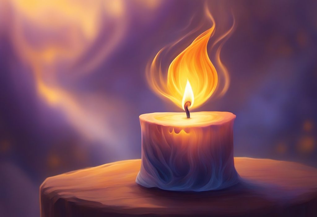 A vibrant flame dances atop a candle, casting a warm glow. Surrounding it, wisps of smoke rise, creating a sense of ethereal energy and spiritual connection