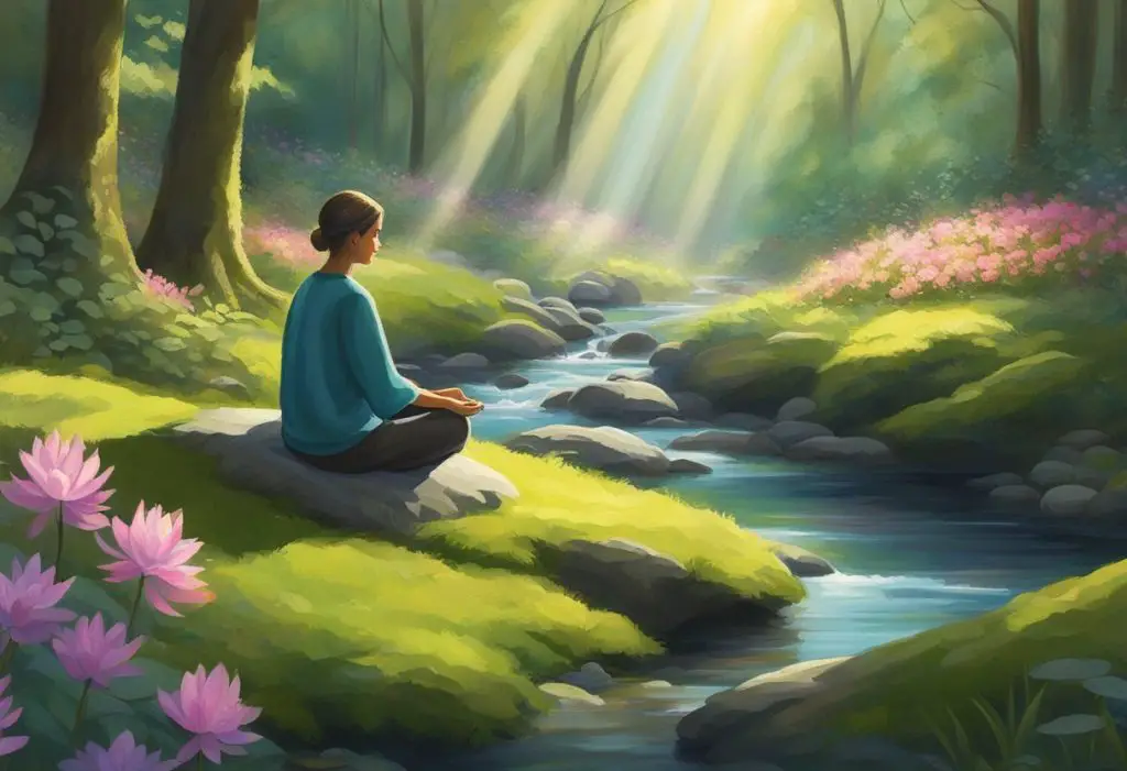 A serene forest clearing, sunlight filtering through the trees onto a tranquil stream. A figure meditates on a moss-covered rock, surrounded by vibrant flowers and gentle wildlife