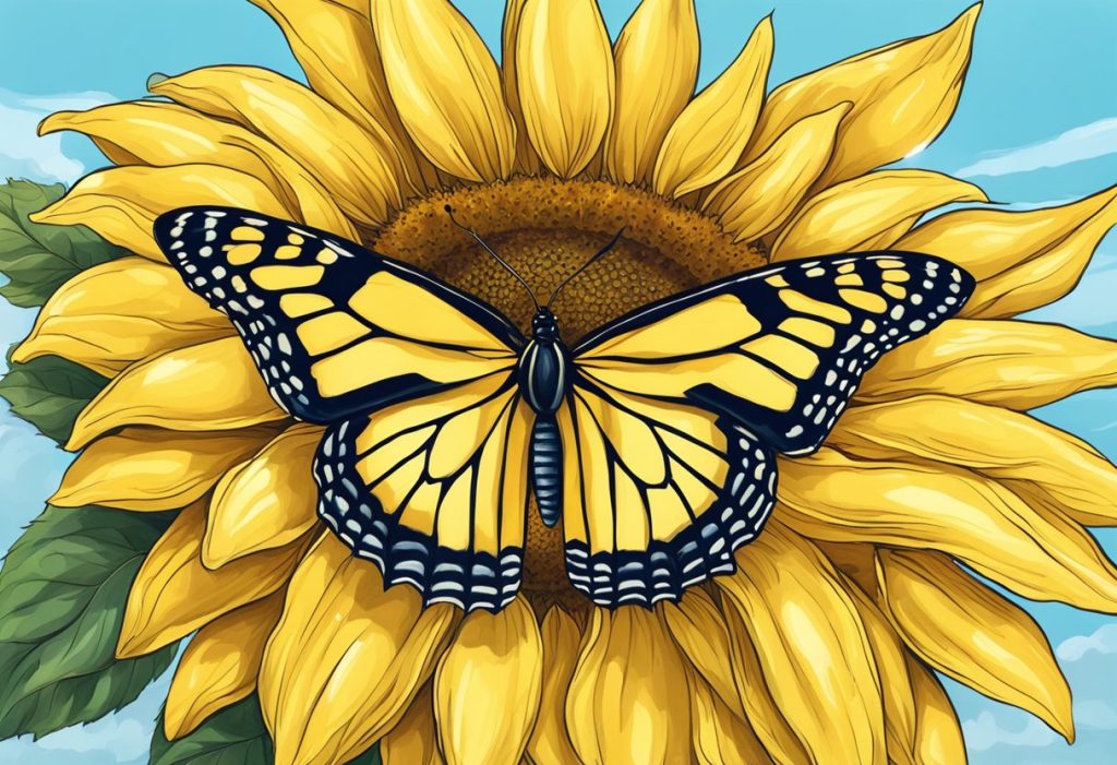 A yellow butterfly hovers over a blooming sunflower, symbolizing spiritual transformation and joy