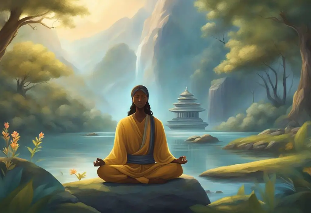 A figure meditates in a serene natural setting, surrounded by symbols of spiritual practice and art. The scene exudes a deep connection to the divine