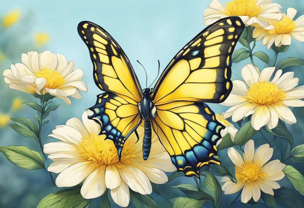 A vibrant yellow butterfly hovers over a blooming flower, symbolizing spiritual transformation and growth