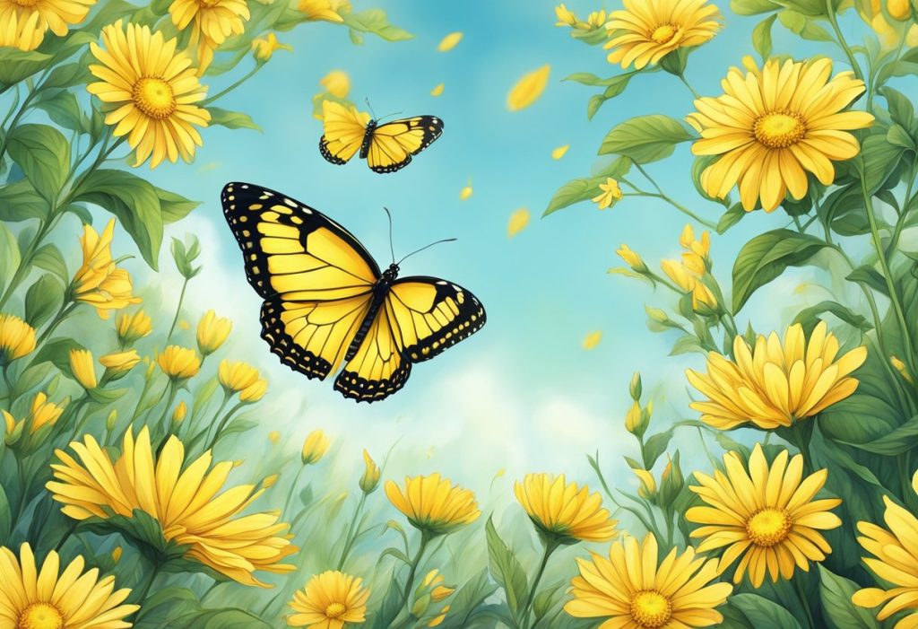 A vibrant yellow butterfly hovers over a blooming field, radiating a sense of joy and spiritual significance