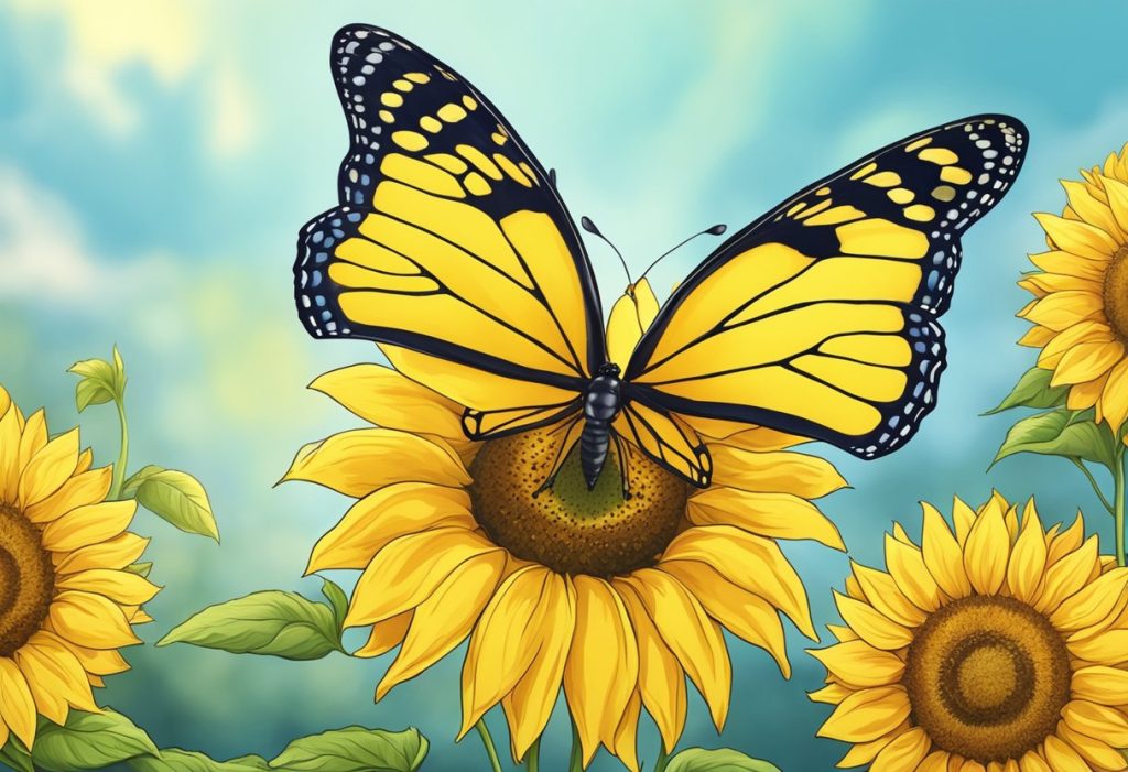 A yellow butterfly hovers near a blooming sunflower, symbolizing spiritual transformation and joy