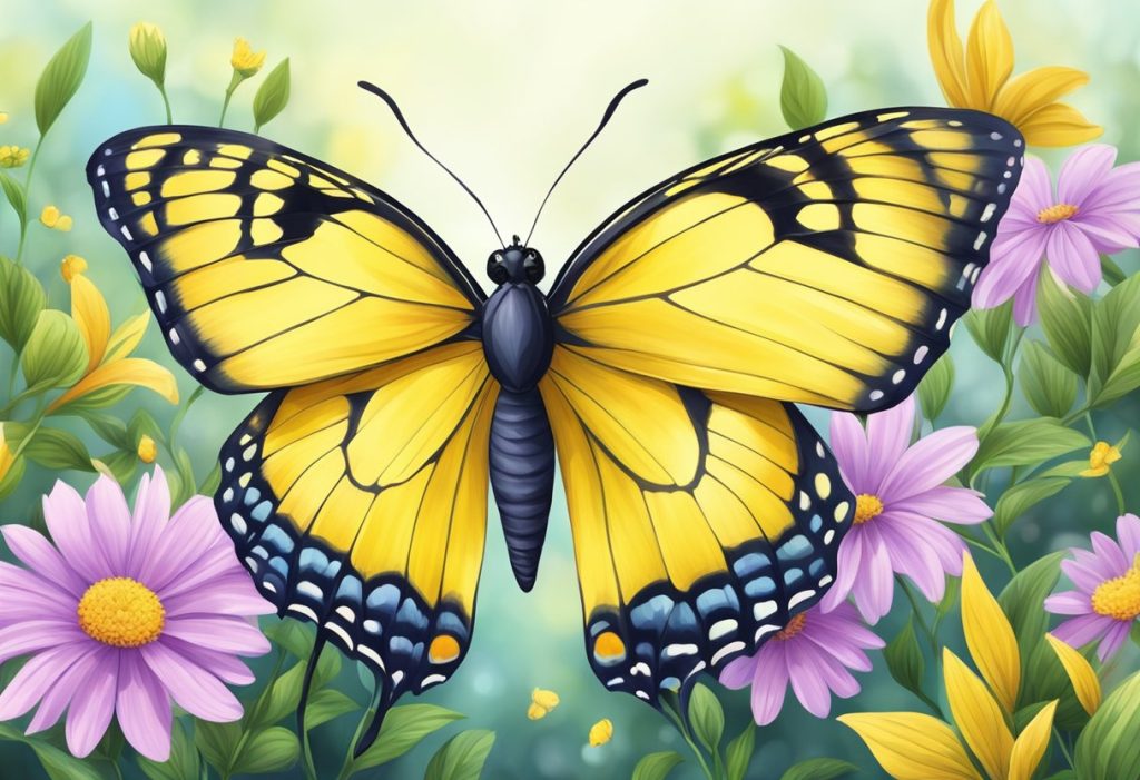 A vibrant yellow butterfly flutters gracefully among blooming flowers, symbolizing joy, positivity, and spiritual transformation