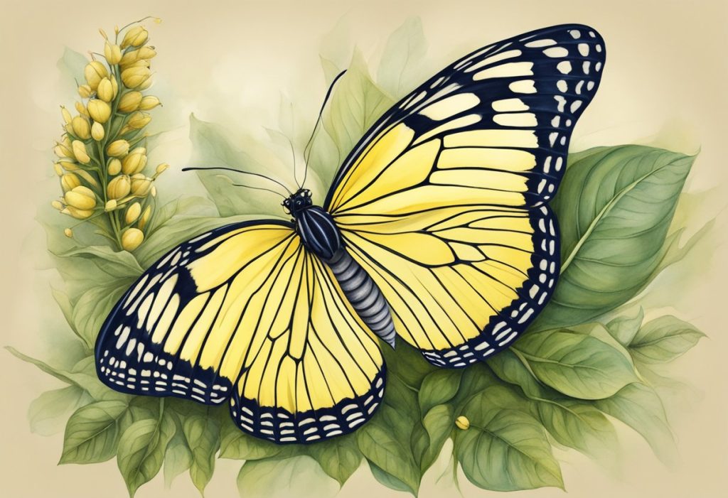 A yellow butterfly emerges from a cocoon, symbolizing spiritual growth and personal transformation. Its delicate wings flutter as it takes flight, embodying the spiritual meaning of renewal and rebirth