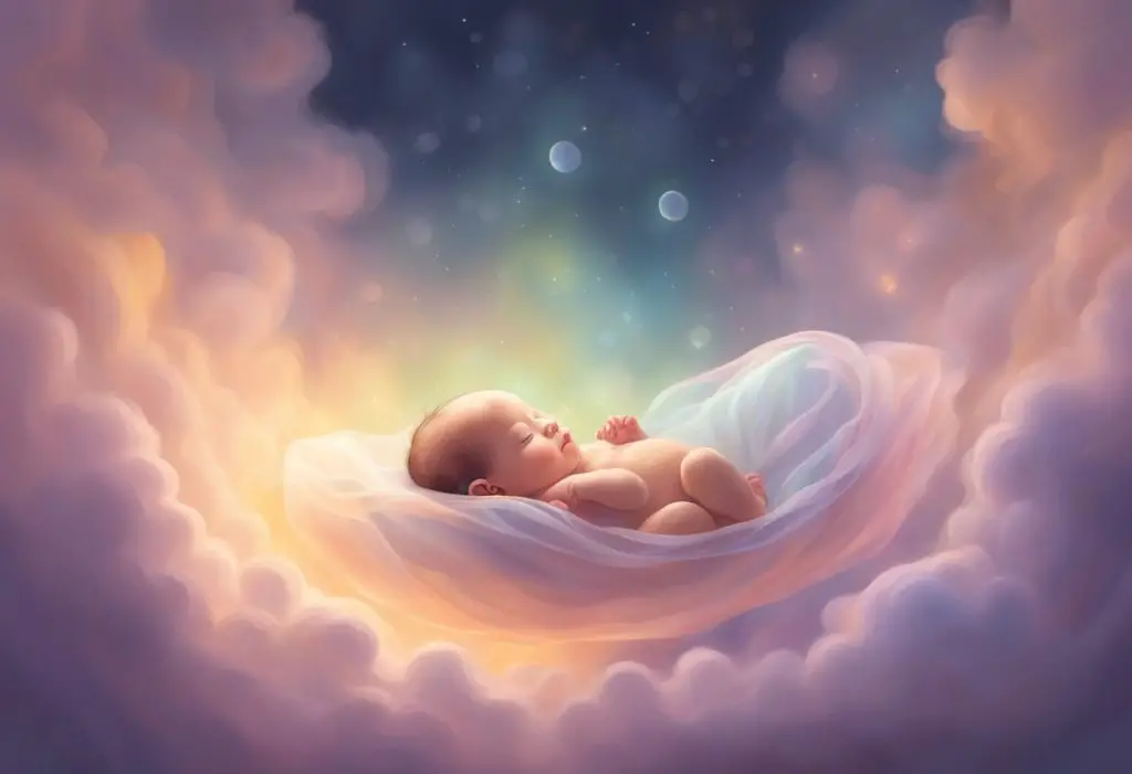 A baby floating in a translucent sac, surrounded by a soft, ethereal glow, symbolizing the spiritual significance of an en caul birth