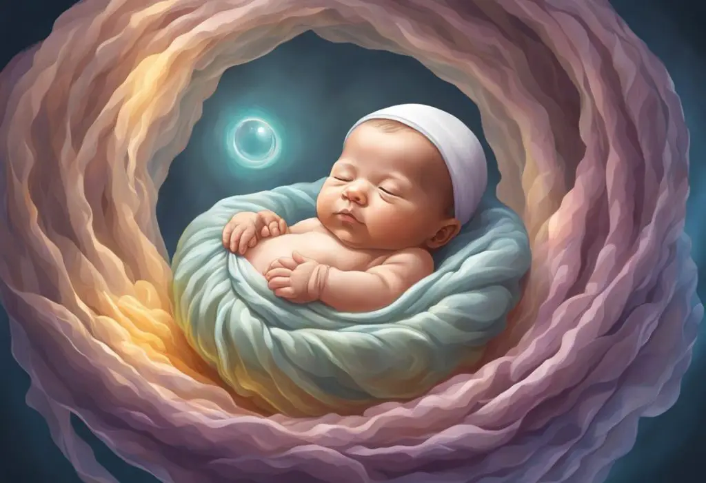 A baby being born still inside the amniotic sac, representing protection and spiritual significance