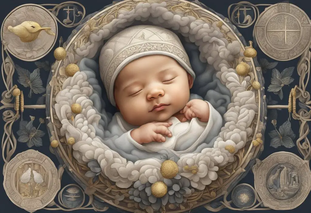 A baby is born en caul, surrounded by symbols of historical and cultural significance, representing the spiritual meaning of this unique birth