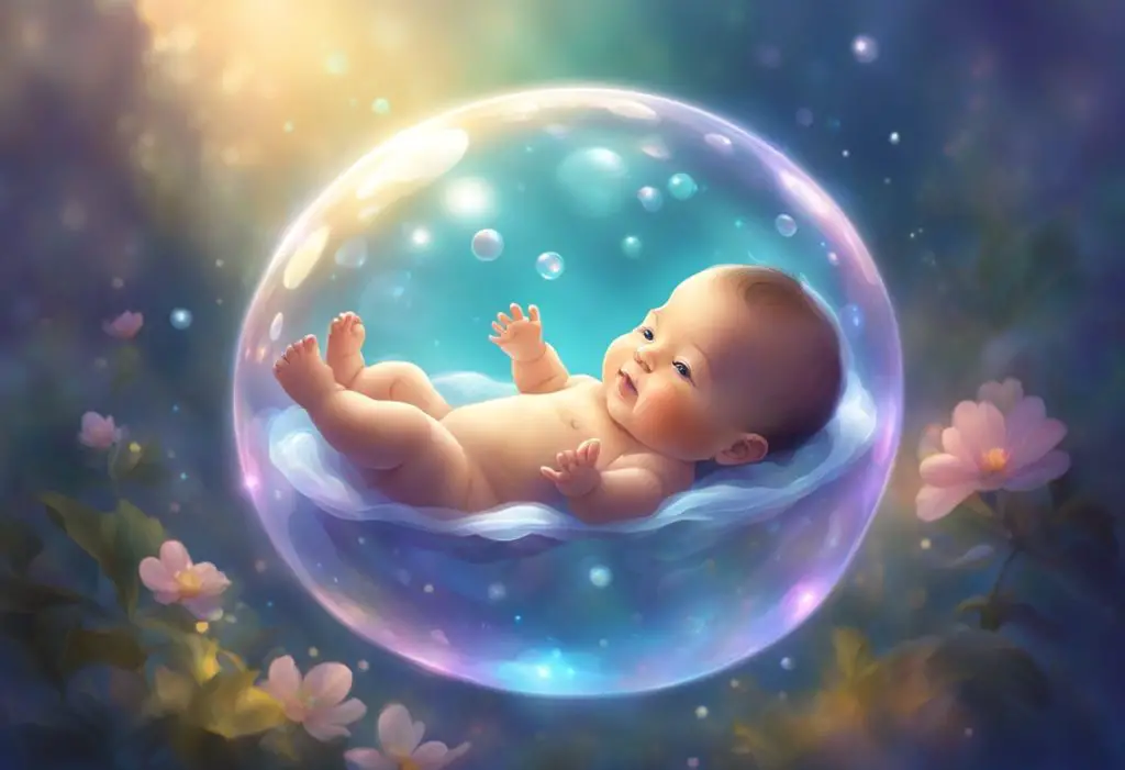 A baby floating in a translucent, shimmering bubble, surrounded by ethereal light and a sense of tranquility