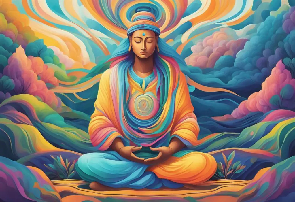 A serene figure meditates in nature, surrounded by vibrant colors and flowing lines, symbolizing the spiritual connection to creativity