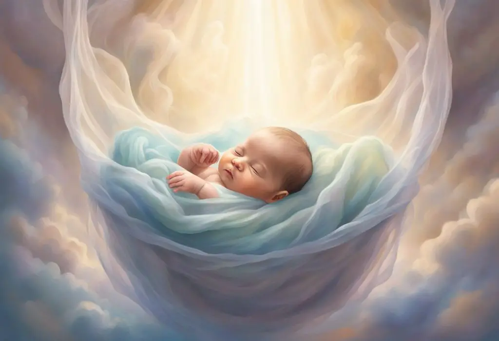 A baby is born inside a translucent sac, representing the en caul delivery. The scene is filled with a sense of awe and wonder, symbolizing the spiritual meaning of this unique birth