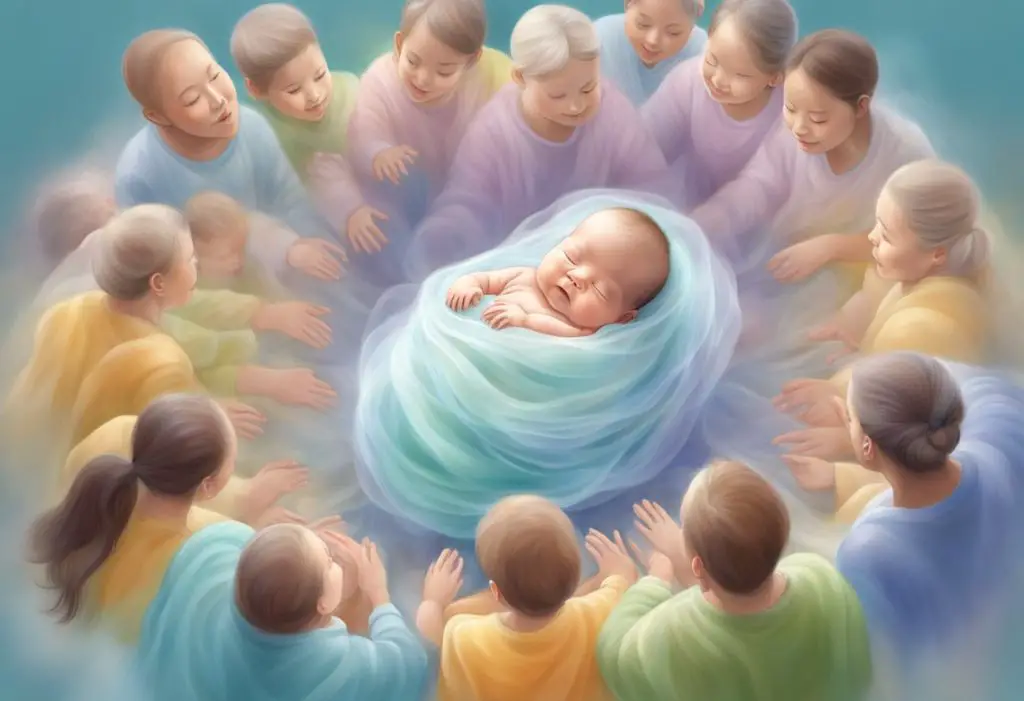 A newborn baby in a translucent membrane, surrounded by a supportive community, symbolizing the spiritual and personal impact of an en caul birth