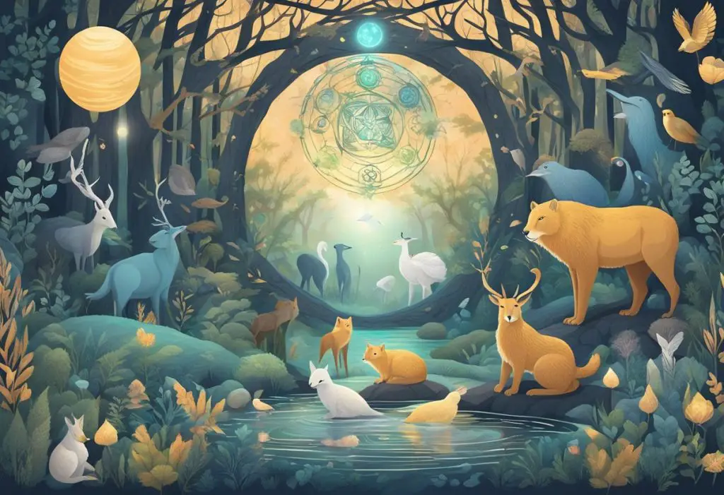 Animals surrounded by mystical symbols, a glowing orb, and a serene forest backdrop