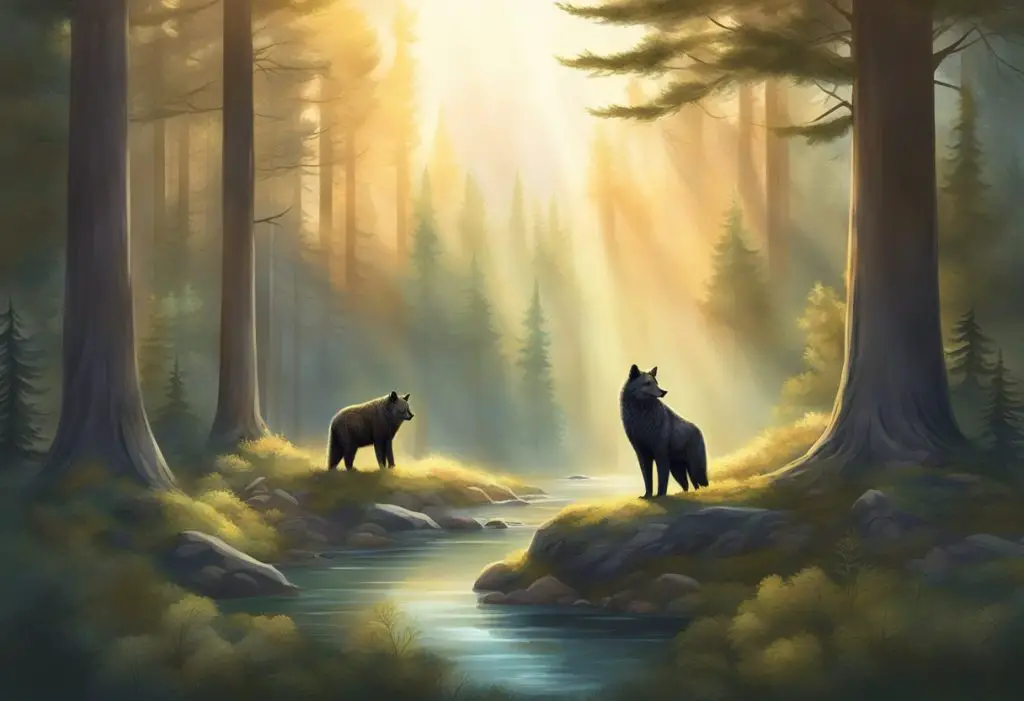 A serene forest clearing with a wolf, eagle, and bear standing together, surrounded by a soft glow of light, symbolizing unity and connection with spirit animals