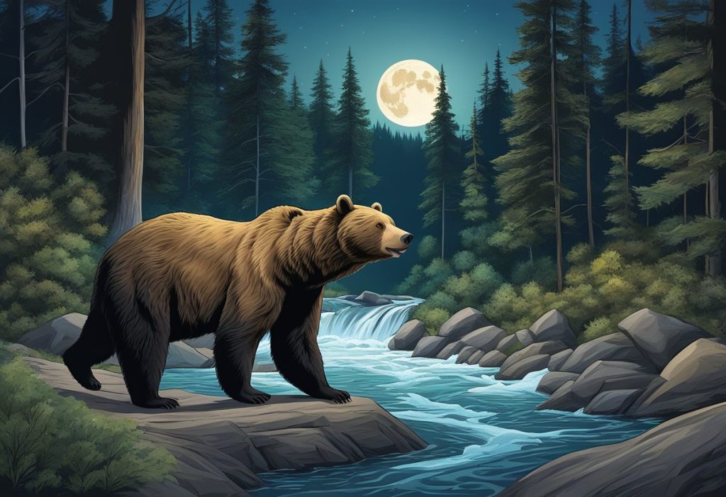 A bear roars in a forest, surrounded by trees and a flowing stream, under a full moon on a clear night