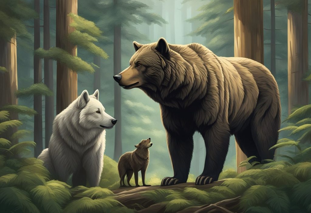 A bear and a wolf stand facing each other, surrounded by a lush forest. The bear exudes strength and protection, while the wolf emanates intelligence and intuition