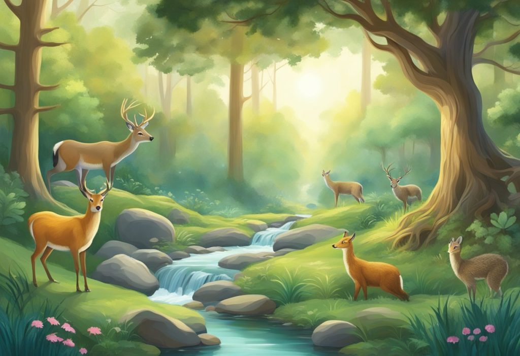 A serene forest clearing, with a stream flowing gently. A variety of animals, each representing different birth dates, gather around a mystical glowing orb