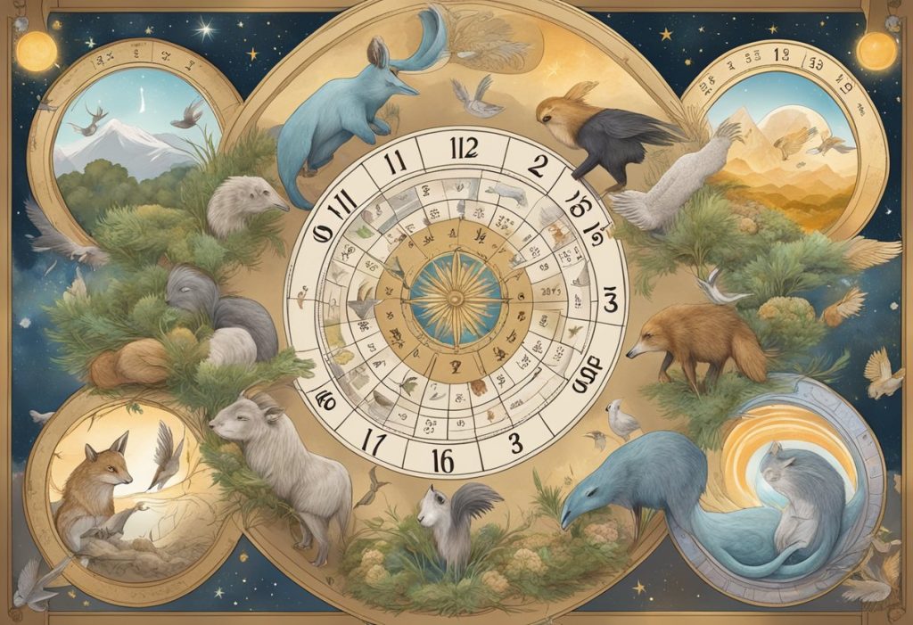 A calendar with twelve unique spirit animals, each representing a month, surrounded by nature and celestial elements