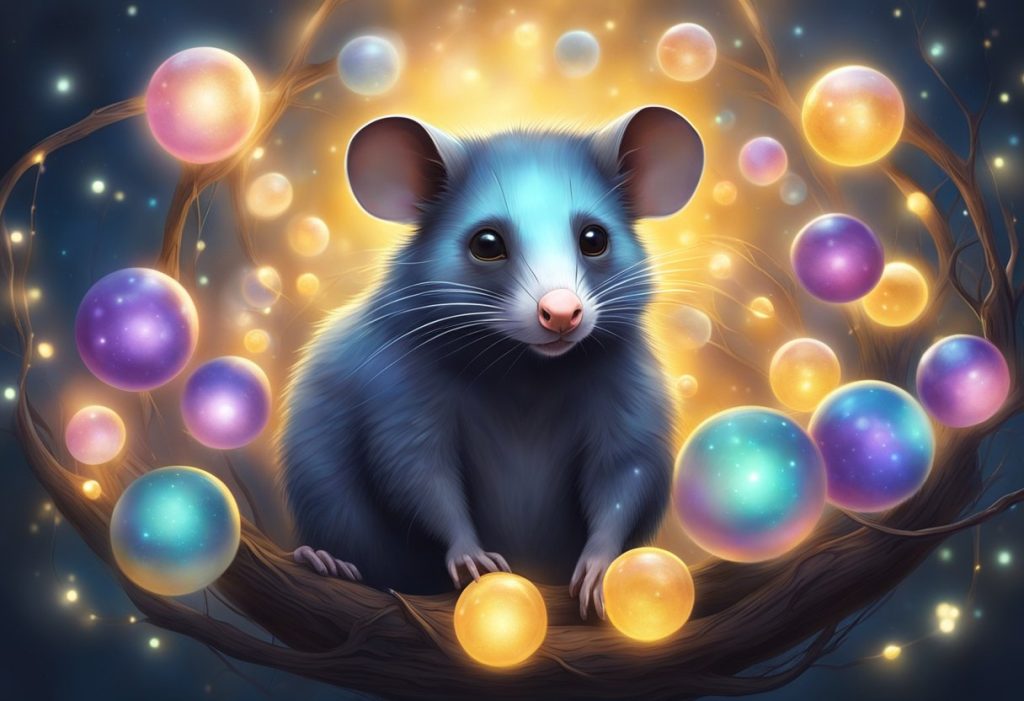 A possum surrounded by glowing orbs, representing its connection to the spiritual world