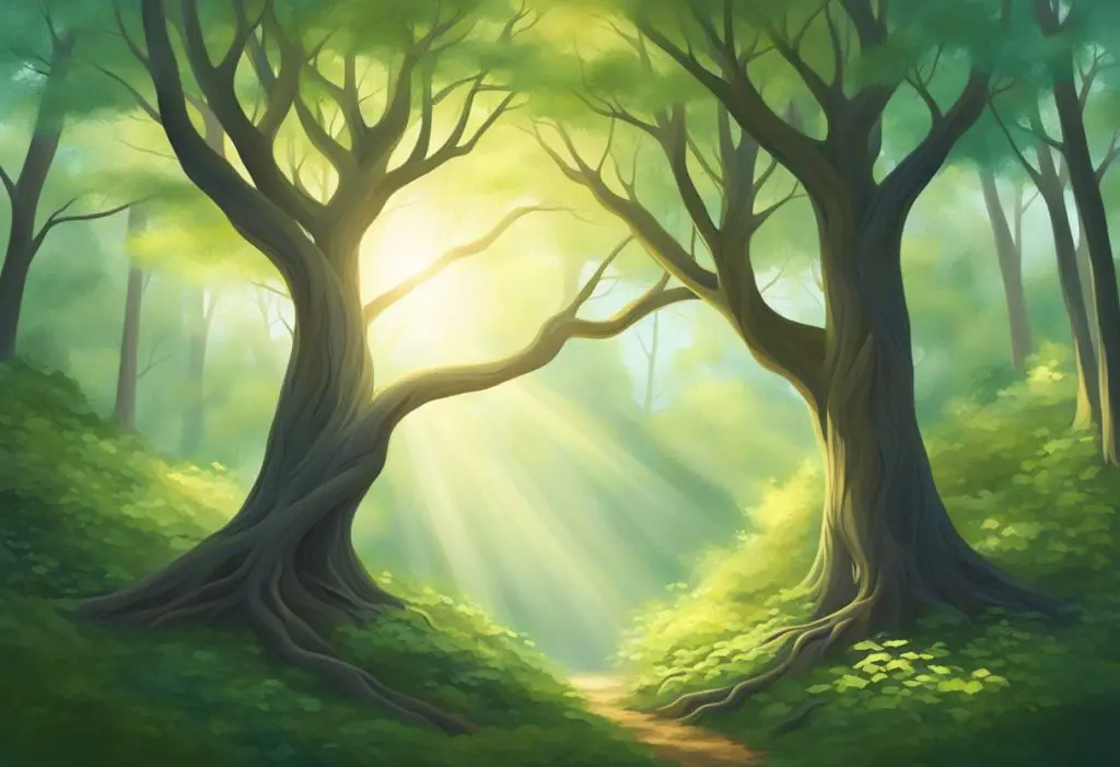 A serene, sunlit forest clearing with two intertwining trees, their branches reaching out to touch, symbolizing a deep spiritual connection and intimacy