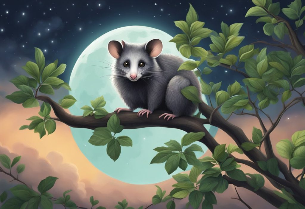 A possum sits atop a tree branch, surrounded by lush greenery. Its eyes are alert, reflecting wisdom and adaptability. The moon shines brightly in the night sky, casting a serene glow over the scene