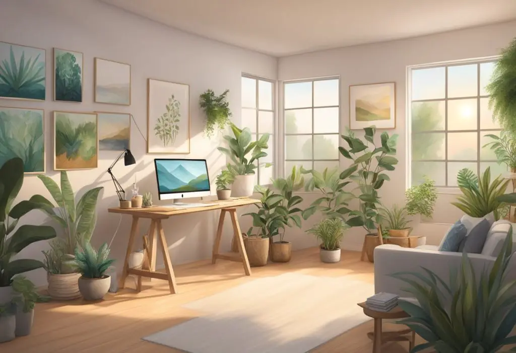 A serene studio with soft lighting, plants, and natural elements. Art supplies and finished spiritual connection artwork are displayed on the walls