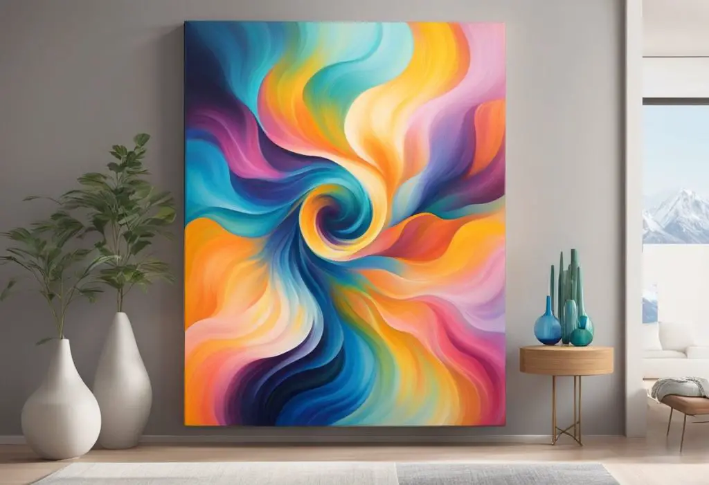 Vibrant colors blend, forming ethereal shapes. Light radiates from within, creating a sense of peace and enlightenment. The canvas exudes a spiritual energy, capturing the artist's soulful connection to the divine