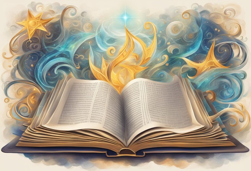 A collection of open books with pages filled with scriptures, surrounded by swirling, ethereal energy and celestial symbols