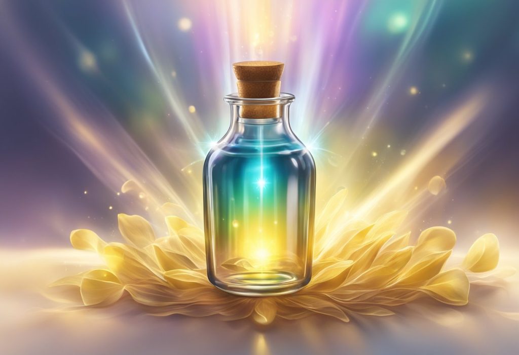 A bottle of anointing oil surrounded by glowing, ethereal light, with a sense of power and protection emanating from it