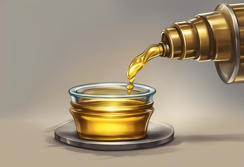 A small vial of anointing oil is being poured onto a weapon or shield, with a sense of determination and readiness for spiritual warfare