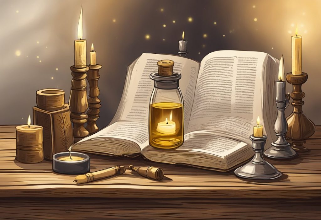 A bottle of anointing oil stands on a rustic wooden table, surrounded by flickering candles and a Bible open to a marked page