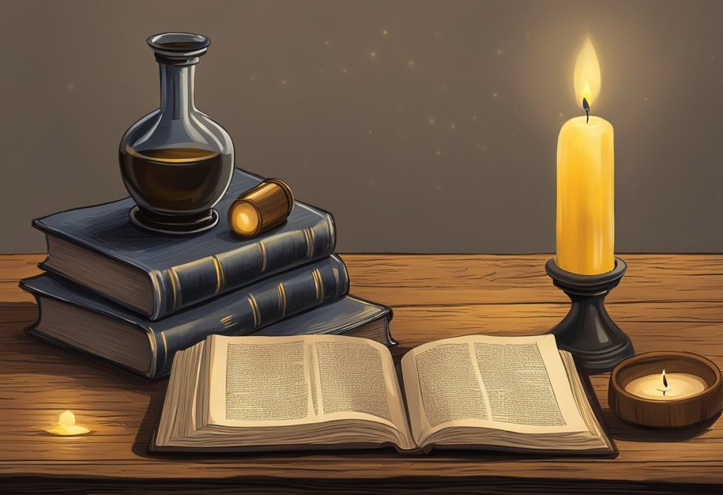 A bottle of anointing oil sits on a rustic wooden table, surrounded by candles and a well-worn Bible. The soft glow of the candles illuminates the oil, creating a sense of spiritual power and protection