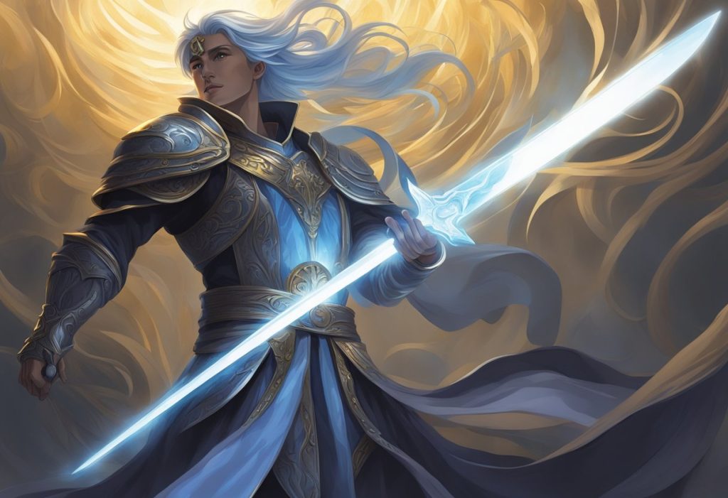 A radiant figure stands strong against dark, swirling shadows, holding a bright, glowing sword aloft