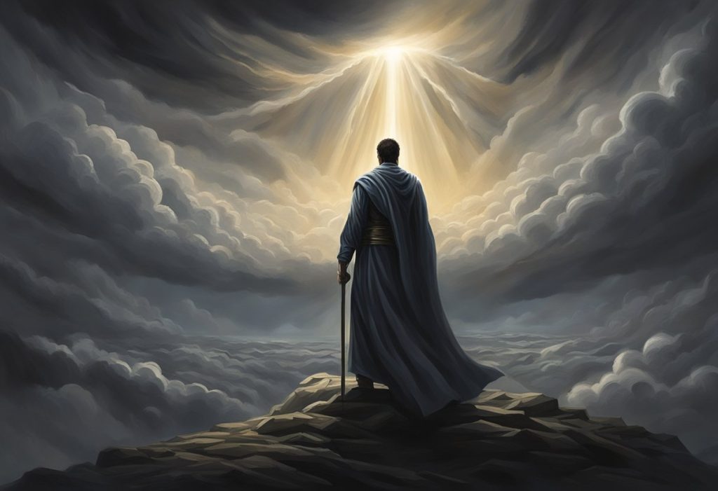 A lone figure stands in a dark, ominous landscape, surrounded by swirling clouds and a sense of spiritual battle. Rays of light break through the darkness, symbolizing the power of prayer in spiritual warfare