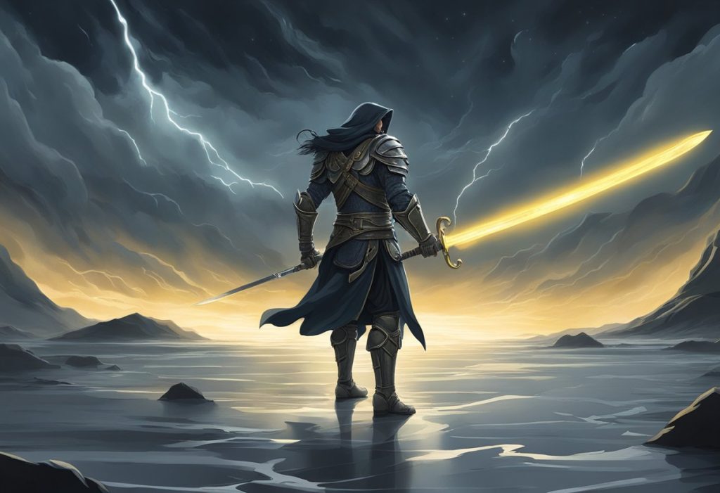 A lone figure stands in a dark, stormy landscape, surrounded by swirling shadows and glowing eyes. The figure is clad in armor and holds a glowing sword, ready to face the spiritual battle ahead