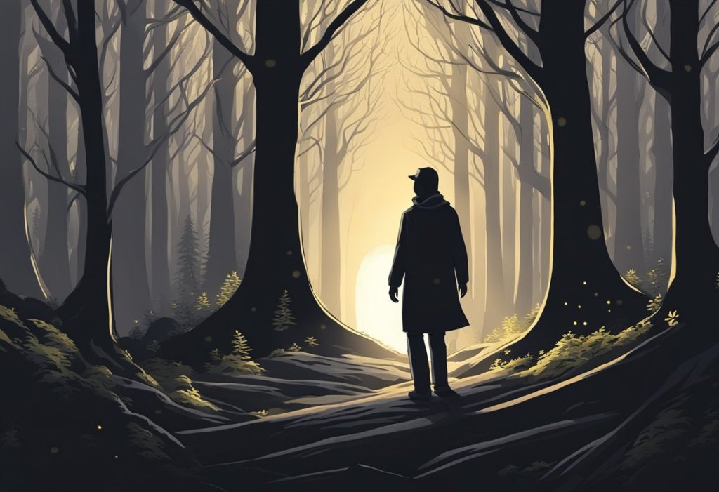 A lone figure standing in a dark forest, surrounded by swirling shadows and glowing eyes. A beam of light cuts through the darkness, illuminating the figure's determined expression