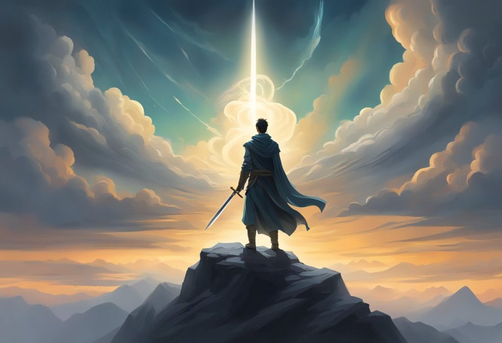 A lone figure stands atop a mountain, surrounded by swirling clouds and illuminated by a beam of light, wielding a sword against shadowy, menacing figures