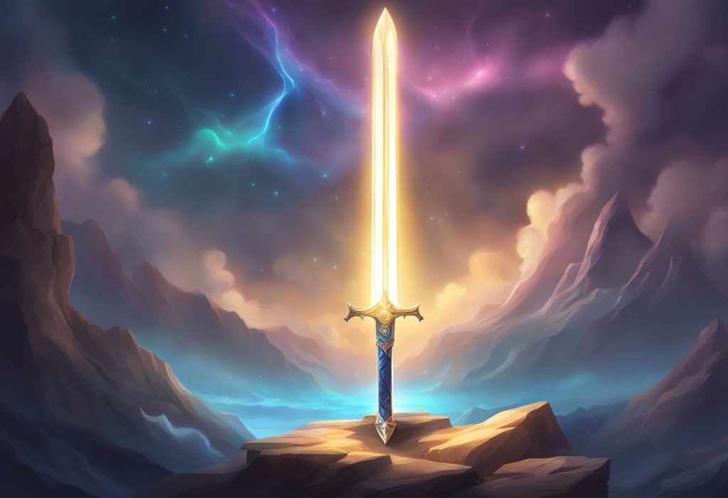 A glowing sword surrounded by ethereal light and spiritual energy