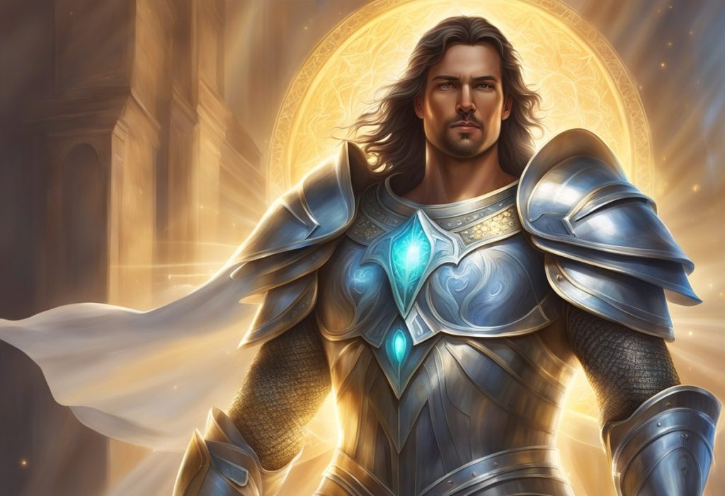 A shining breastplate surrounded by ethereal light, radiating strength and protection