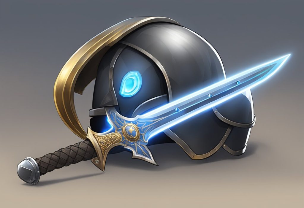 A glowing belt wrapped around a sword, shield, and helmet