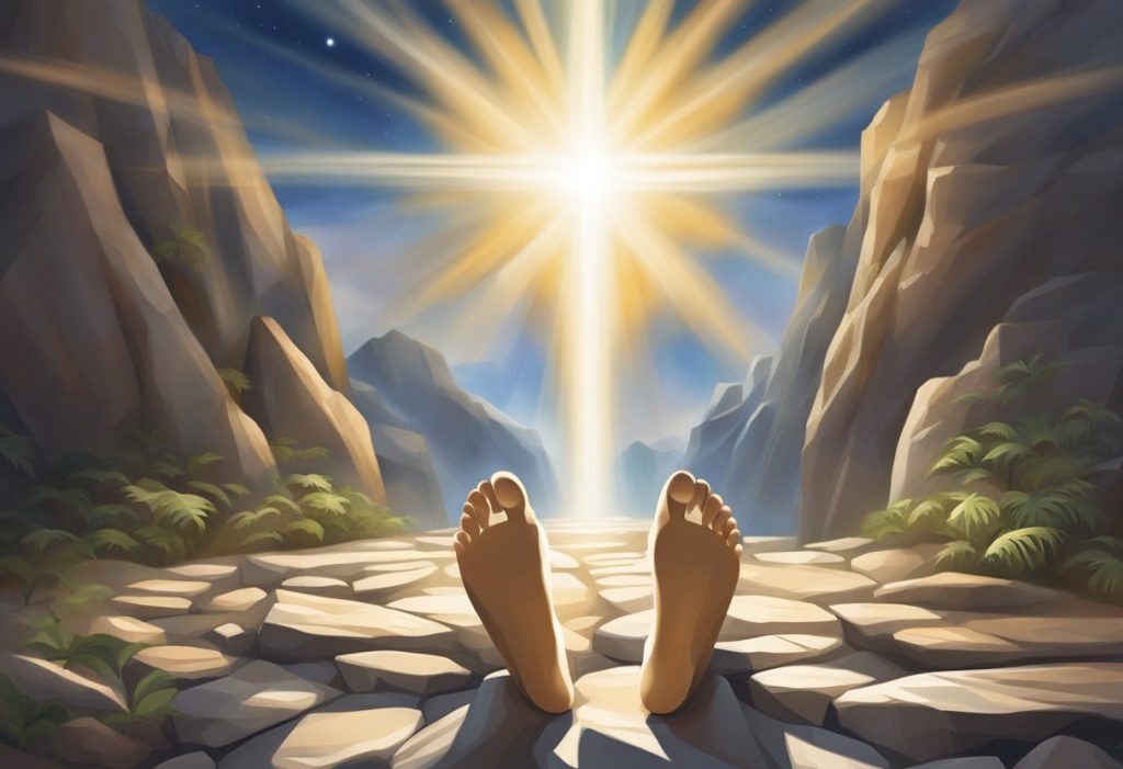 A pair of feet standing on a rocky ground, adorned with sandals and surrounded by beams of light, representing the Gospel of Peace