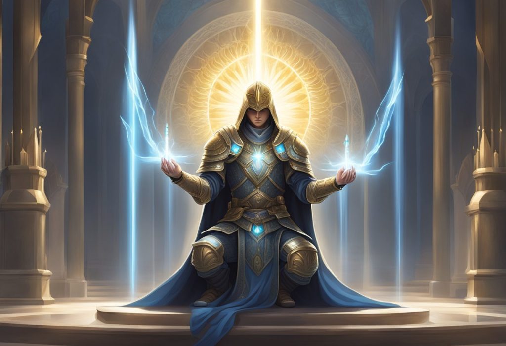 A figure kneeling in prayer, surrounded by glowing spiritual armor and holding a sword of light