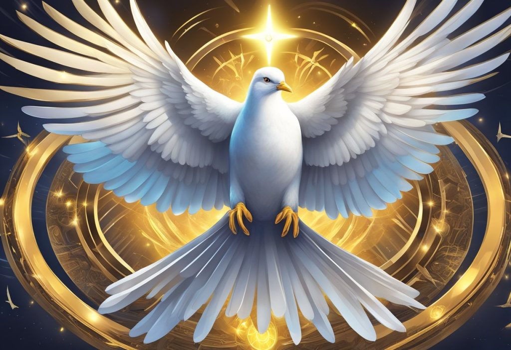 A radiant dove surrounded by 50 spiritual weapons, glowing with divine power