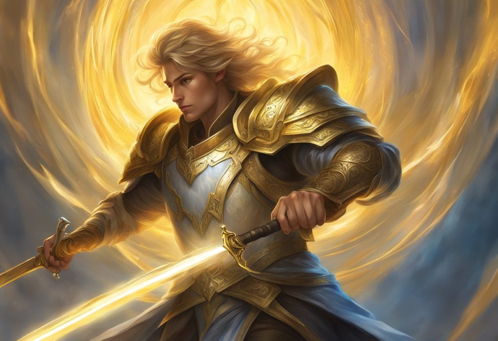 A radiant, golden light emanates from a sword, surrounded by swirling, ethereal energy