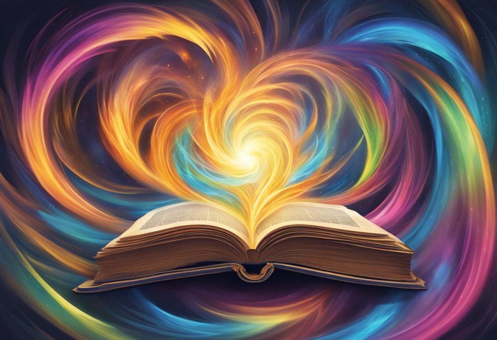 A radiant, swirling vortex of colorful energy emanating from an ancient, mystical book